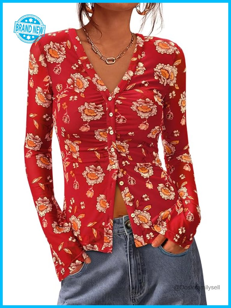 Women's V Neck Long Sleeve Button Down Blouse With Mesh And Ruched Fitted Boho